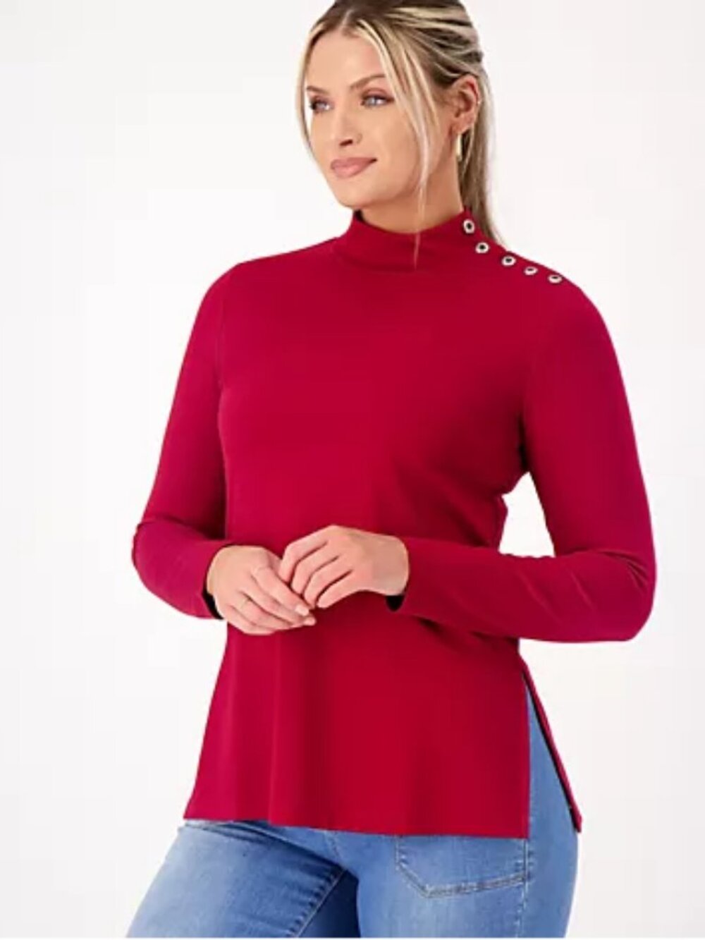 Susan Graver Every Day Supreme Knit Mock Neck Slide Slits Tunic Top  Size Large